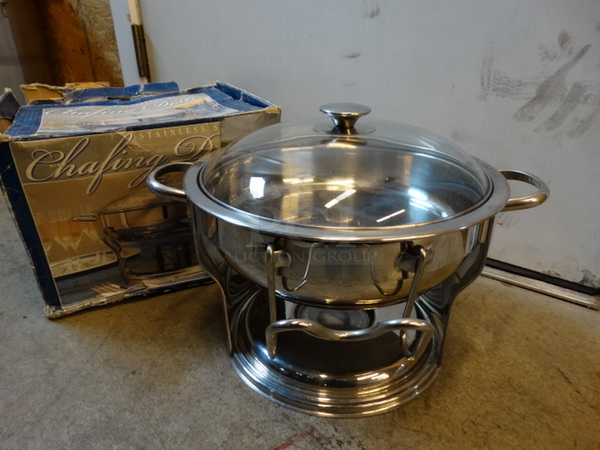 BRAND NEW IN BOX! Metal Round Chafing Dish w/ 2 Drop Ins and Lid. 16x12x11