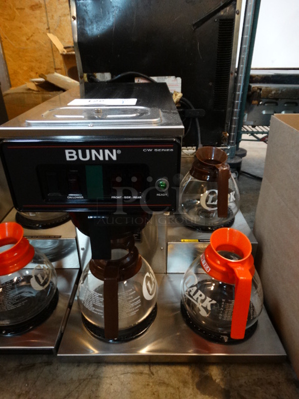 SWEET! Bunn CW Series Stainless Steel Commercial Countertop 3 Burner Coffee Machine w/ Hot Water Dispenser, 3 Coffee Pots and Poly Brew Basket. 16x21x17