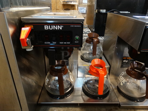 SWEET! Bunn CW Series Stainless Steel Commercial Countertop 3 Burner Coffee Machine w/ Hot Water Dispenser, 3 Coffee Pots and Poly Brew Basket. 16x21x17