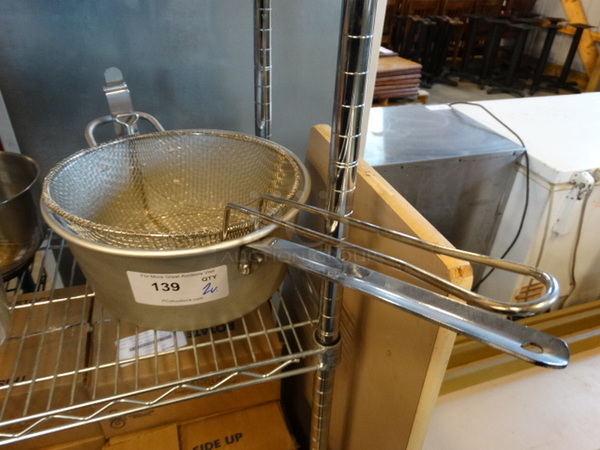 2 Metal Items; Strainer Basket and Sauce Pot. 26x12.5x9, 23x11.5x6. 2 Times Your Bid!