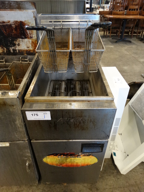 NICE! Anets Model SLG40 Stainless Steel Commercial Natural Gas Powered Deep Fat Fryer w/ 2 Metal Fry Baskets. 90,000 BTU. 15.5x27.5x44