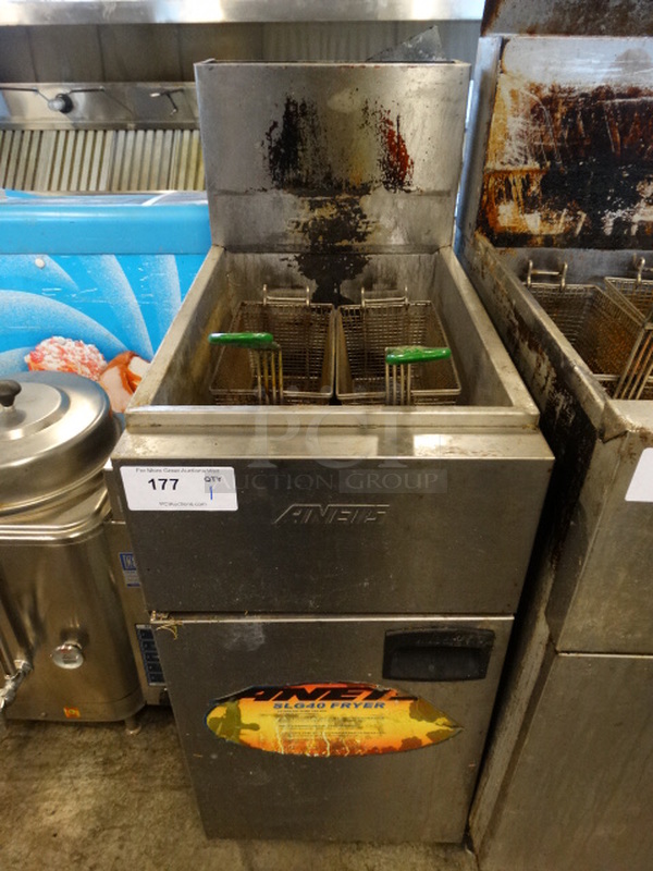 NICE! Anets Model SLG40 Stainless Steel Commercial Natural Gas Powered Deep Fat Fryer w/ 2 Metal Fry Baskets. 90,000 BTU. 15.5x27.5x44
