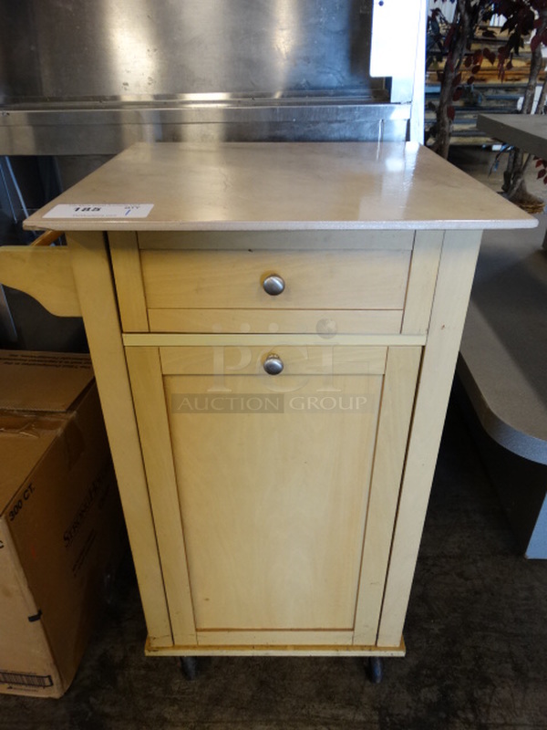 Wood Pattern Counter w/ Drawer. Trash Can Department and Paper Towel Roll Holder on Commercial Casters. 23x19.5x34