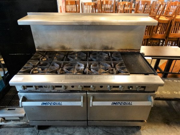 WOW! Imperial Stainless Steel Commercial Gas Powered 8 Burner Range w/ Right Side Charbroiler, Lower Oven, Lower CONVECTION Oven and Stainless Steel Overshelf on Commercial Casters. 60x33x57