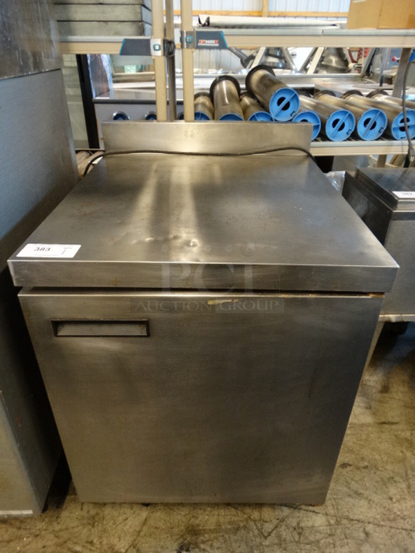 NICE! 2004 Delfield Stainless Steel Commercial Single Door Work Top Cooler w/ Backsplash on Commercial Casters. 115 Volts, 1 Phase. 27.5x31.5x40. Tested and Working!