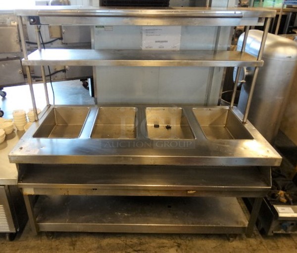 GREAT! Stainless Steel Commercial 4 Well Steam Table w/ Hatco Warming Strip, Overshelf and Undershelf. 63x31.5x65. Tested and Working!
