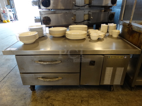 NICE! Beverage Air Stainless Steel Commercial 2 Drawer Chef Base on Commercial Casters. 60x34x27. Tested and Working!
