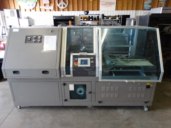 FANTASTIC! 2007 Preferred Packaging Model PP530T Metal Commercial Floor Style Automatic Shrink Wrapping Machine on Commercial Casters. 220 Volts. 105x55x62
