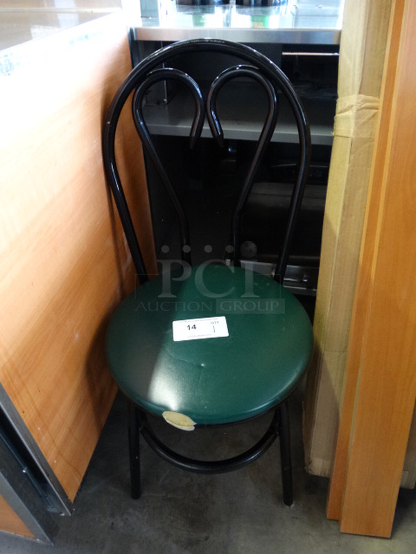 Black Metal Dining Chair w/ Green Seat Cushion. 16x17x35