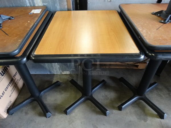 Wood Pattern Table on Black Metal Table Base. Stock Picture - Cosmetic Condition May Vary. 20x24x30
