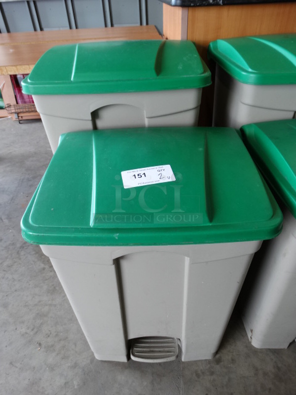 2 Gray Poly Trash Cans w/ Green Lids. 19.5x15x26, 19.5x15x32. 2 Times Your Bid!

