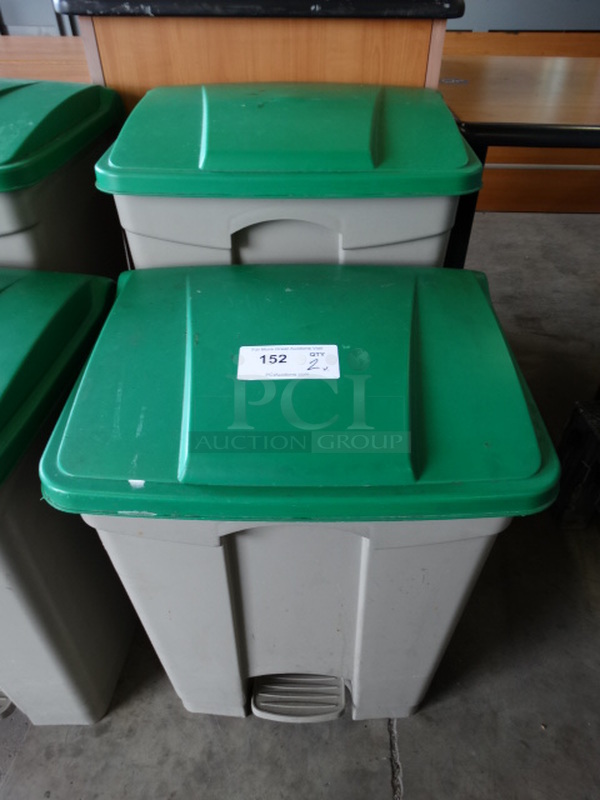 2 Gray Poly Trash Cans w/ Green Lids. 19.5x15x26, 19.5x15x32. 2 Times Your Bid!
