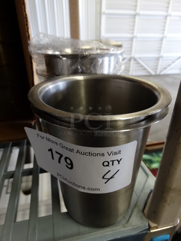 4 Stainless Steel Cylindrical Drop In Bins. 4.5x4.5x5. 4 Times Your Bid!
