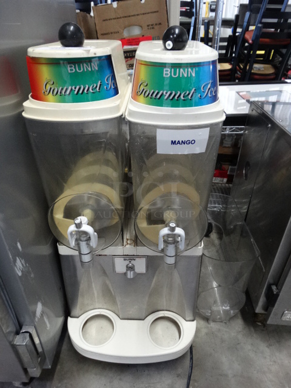 NICE! Bunn Stainless Steel Commercial Countertop 2 Hopper Slushie Machine w/ Extra Hopper. 15x18x36. Tested and Does Not Power On