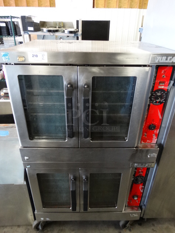 2 GORGEOUS! Vulcan Stainless Steel Commercial Gas Powered Full Size Convection Oven w/ View Through Doors, Metal Oven Racks and Thermostatic Controls on Commercial Casters. 40x32x70. 2 Times Your Bid!