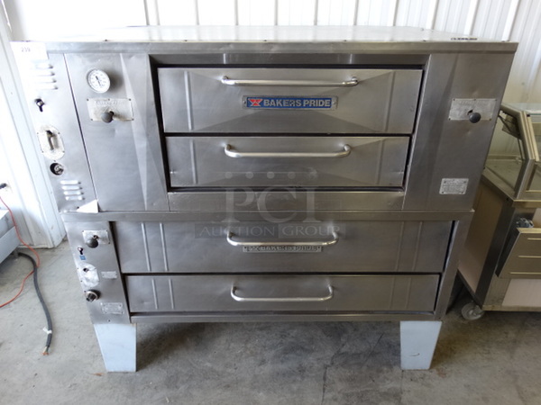 2 BEAUTIFUL! Baker's Pride Stainless Steel Commercial Gas Powered Single Deck Pizza Ovens on Metal Legs. Top Unit Is Model DS805. 65.5x44x63. 2 Times Your Bid!