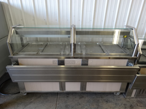 NICE! Stainless Steel Commercial Portable Warming Buffet Serving Station w/ Sneeze Guard, Warming Strip and Tray Slide on Commercial Casters. 74x37x50. Cannot Test Due To Plug Style