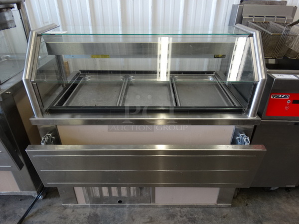 NICE! Stainless Steel Commercial Portable Warming Buffet Serving Station w/ Sneeze Guard, Warming Strip and Tray Slide on Commercial Casters. 45x37x50. Cannot Test Due To Plug Style