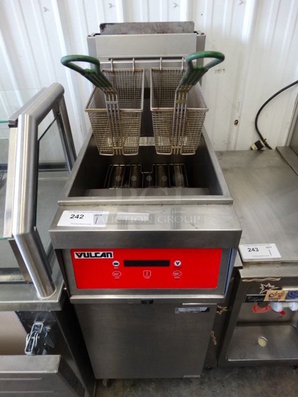 NICE! Vulcan Model 1GRD45 Stainless Steel Commercial Floor Style Natural Gas Powered Deep Fat Fryer w/ 2 Metal Fry Baskets on Commercial Casters. 120,000 BTU. 15.5x30x48