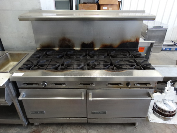 SWEET! American Range Stainless Steel Commercial Gas Powered 10 Burner Range w/ 2 Lower Ovens and Stainless Steel Overshelf on Commercial Casters. 60x32x58