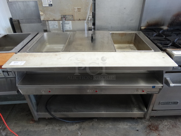 NICE! Stainless Steel Commercial Electric Powered 3 Bay Steam Table w/ Cutting Board and Undershelf. 48x32x35.5. Cannot Test Due To Plug Style