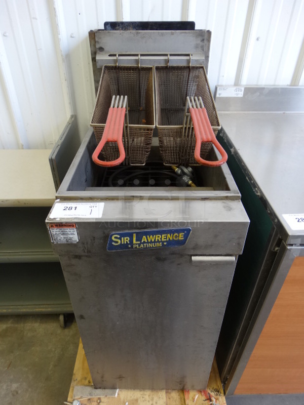 NICE! Sir Lawrence Model G400 Stainless Steel Commercial Floor Style Gas Powered Deep Fat Fryer w/ 2 Metal Fry Baskets and Dolly. 15.5x30x42. 22x31x7