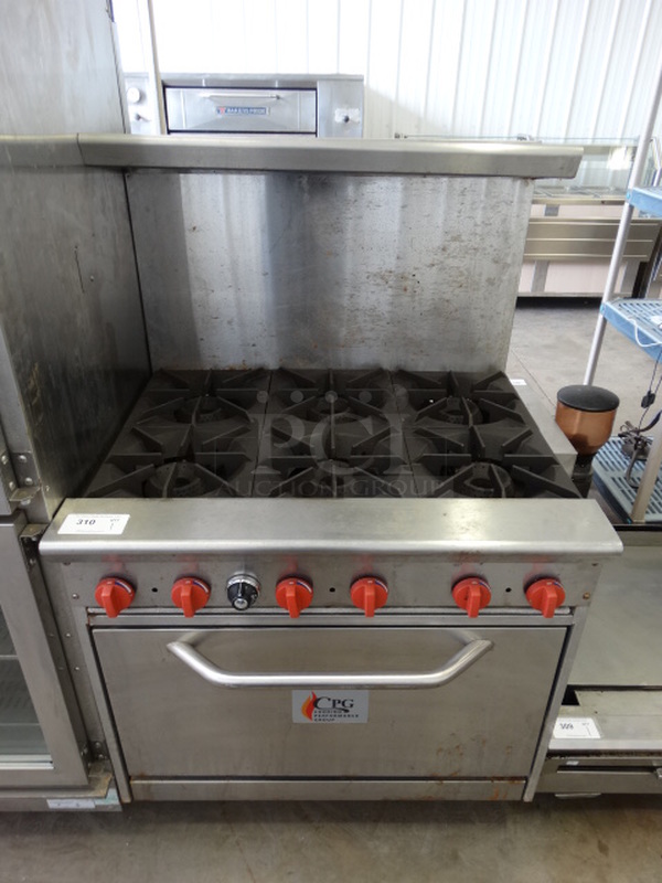 SWEET! Standex Model 36CPGV6B30L Stainless Steel Commercial Gas Powered 6 Burner Range w/ Oven and Stainless Steel Overshelf. 36x32x57.5