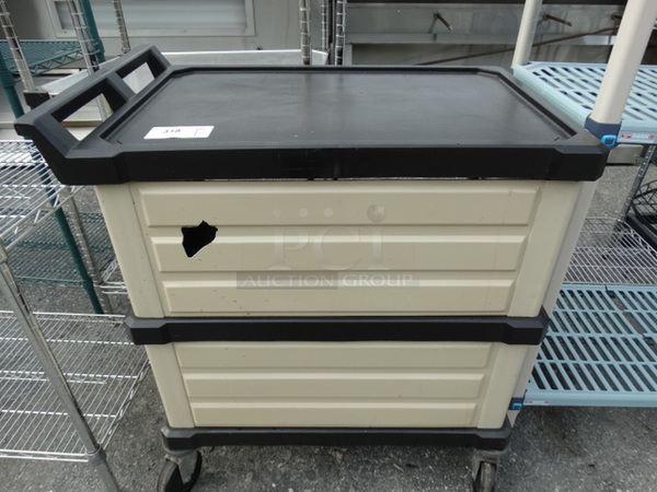 Black and Tan Poly Cart w/ Push Handle, 2 Undershelves on Commercial Casters. 33x22x37