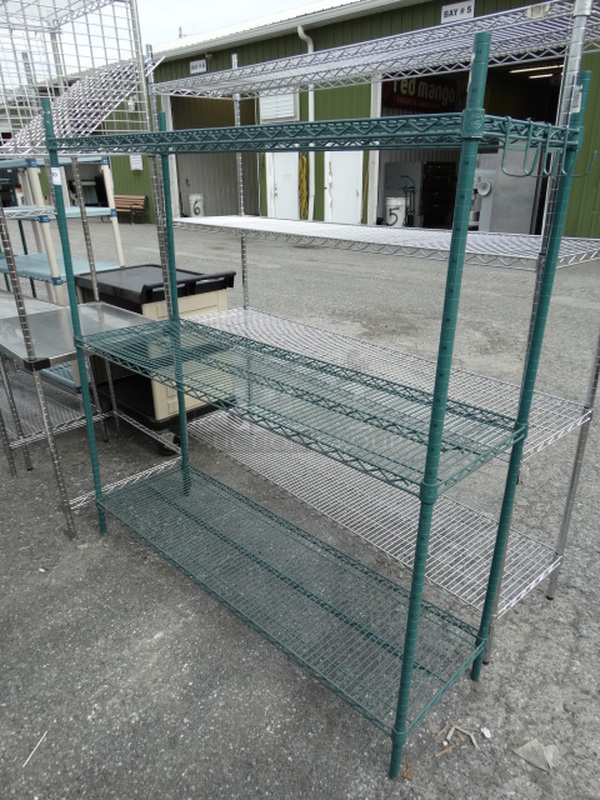 Metro Style Green Finish 3 Tier Shelving Unit. 60x18x64. BUYER MUST DISMANTLE. PCI CANNOT  DISMANTLE FOR SHIPPING. PLEASE CONSIDER FREIGHT CHARGES.