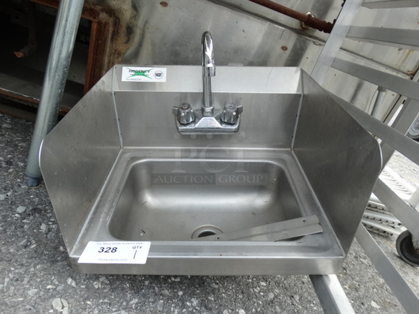 Stainless Steel Commercial Single Bay Wall Mount Sink w/ Faucet, Handles, Wall Mount Bar and Double Splash Guards. 17x16x20