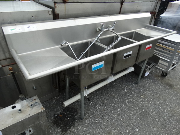 Stainless Steel Commercial 3 Bay Sink w/ Dual Drainboards, Faucet, Handles and Spray Nozzle Attachment. 91x22x45. Bays 17x17x11. Drainboards 17x19x2