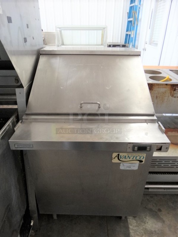 NICE! Avantco Model SCLM1 Stainless Steel Commercial Sandwich Salad Prep Table Bain Marie Mega Top on Commercial Casters. 115 Volts, 1 Phase. 27.5x34x46.5. Tested and Powers On But Does Not Get Cold