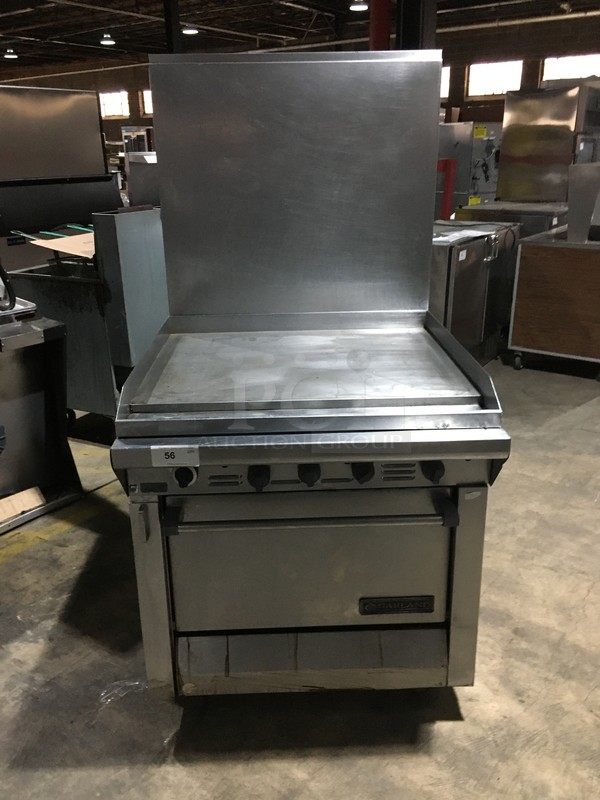 BEAUTIFUL! Garland Commercial Natural Gas Powered Flat Griddle/Plancha! With Raised Backsplash & Salamander Shelf! With Full Size Oven Underneath! All Stainless Steel! Model M47R Serial 0009HG390R! On Legs! 