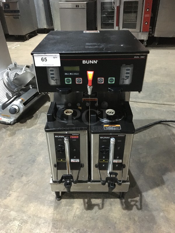 Bunn Commercial Countertop Dual Coffee Brewing Machine! With Hot Water Dispenser! With Beverage Holders/Dispensers! All Stainless Steel! Model DUALSHDBC Serial DUAL185125! 120/208/240V 1Phase! On Legs!