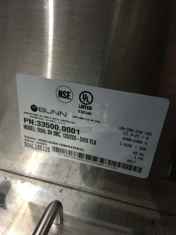 Bunn Commercial Countertop Dual Coffee Brewing Machine! With Hot Water Dispenser! With Beverage Holders/Dispensers! All Stainless Steel! Model DUALSHDBC Serial DUAL185125! 120/208/240V 1Phase! On Legs! - Image 8 of 9