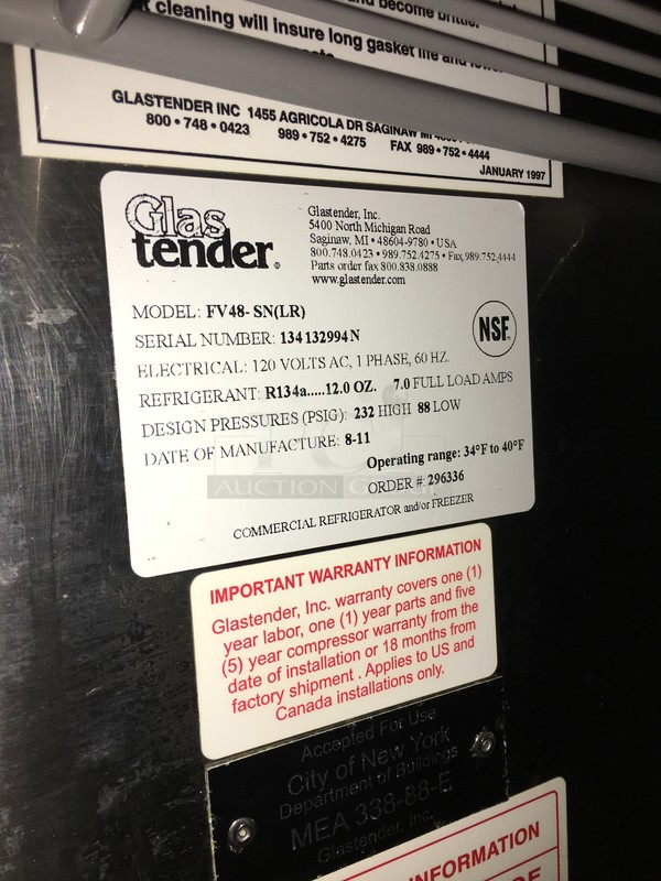 Glastender Self Contained 2 Door Bar Back/Mug Froster! With Poly Coated Racks! All Stainless Steel! Model FV48SN Serial 134132994N! 120V 1Phase! - Image 8 of 9