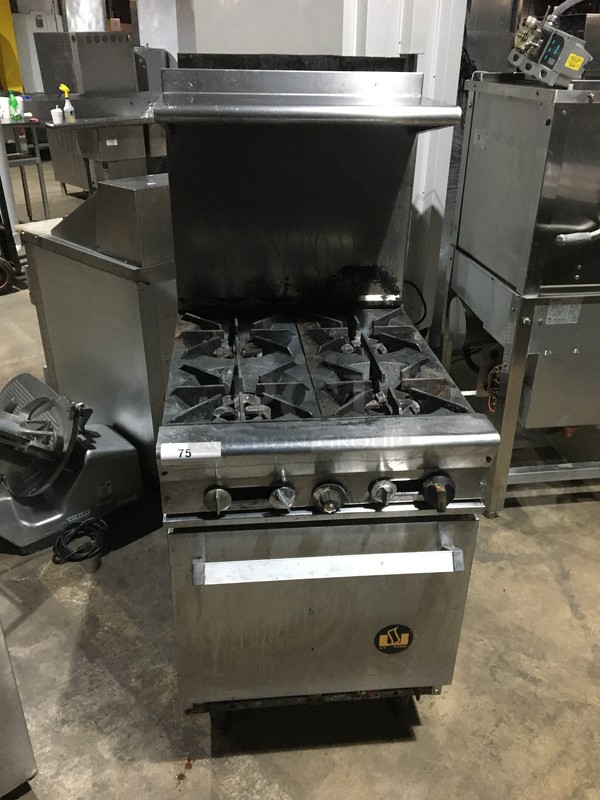 US Range Commercial Natural Gas Powered 4 Burner Stove! With Oven Underneath! With Backsplash & Overhead Salamander Shelf! All Stainless Steel! On Legs!