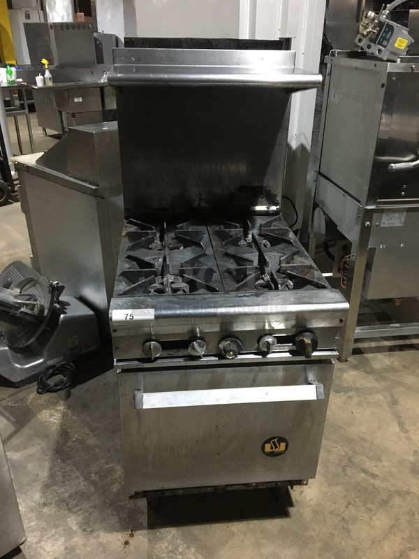 US Range Commercial Natural Gas Powered 4 Burner Stove! With Oven Underneath! With Backsplash & Overhead Salamander Shelf! All Stainless Steel! On Legs! - Image 1 of 12