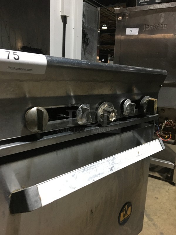 US Range Commercial Natural Gas Powered 4 Burner Stove! With Oven Underneath! With Backsplash & Overhead Salamander Shelf! All Stainless Steel! On Legs! - Image 9 of 12