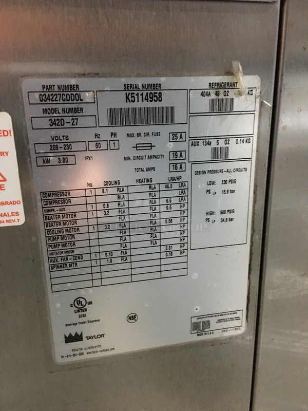 GORGEOUS! Taylor Commercial Floor Style 2 Flavor Frosty/Coolatta/Slushie Making Machine! With Milshake Mixing Attachment! All Stainless Steel! Model 342D27 Serial K5114958! 208/230V 1Phase! On Commercial Casters! - Image 9 of 11