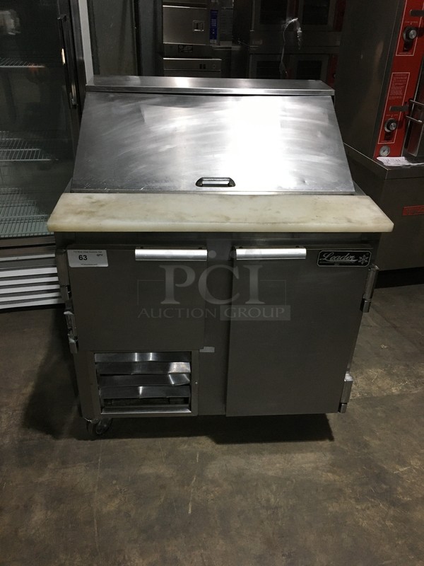 Leader Commercial Refrigerated Sandwich Prep Table! With 2 Door Underneath Storage Space! With Commercial Cutting Board! All Stainless Steel! Model LM36 Serial PS062352! 115V 1Phase! On Commercial Casters!