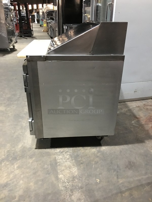 Leader Commercial Refrigerated Sandwich Prep Table! With 2 Door Underneath Storage Space! With Commercial Cutting Board! All Stainless Steel! Model LM36 Serial PS062352! 115V 1Phase! On Commercial Casters! - Image 3 of 10
