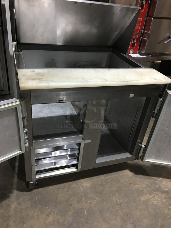 Leader Commercial Refrigerated Sandwich Prep Table! With 2 Door Underneath Storage Space! With Commercial Cutting Board! All Stainless Steel! Model LM36 Serial PS062352! 115V 1Phase! On Commercial Casters! - Image 5 of 10