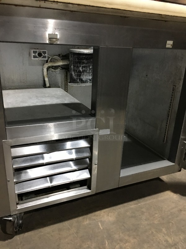 Leader Commercial Refrigerated Sandwich Prep Table! With 2 Door Underneath Storage Space! With Commercial Cutting Board! All Stainless Steel! Model LM36 Serial PS062352! 115V 1Phase! On Commercial Casters! - Image 8 of 10