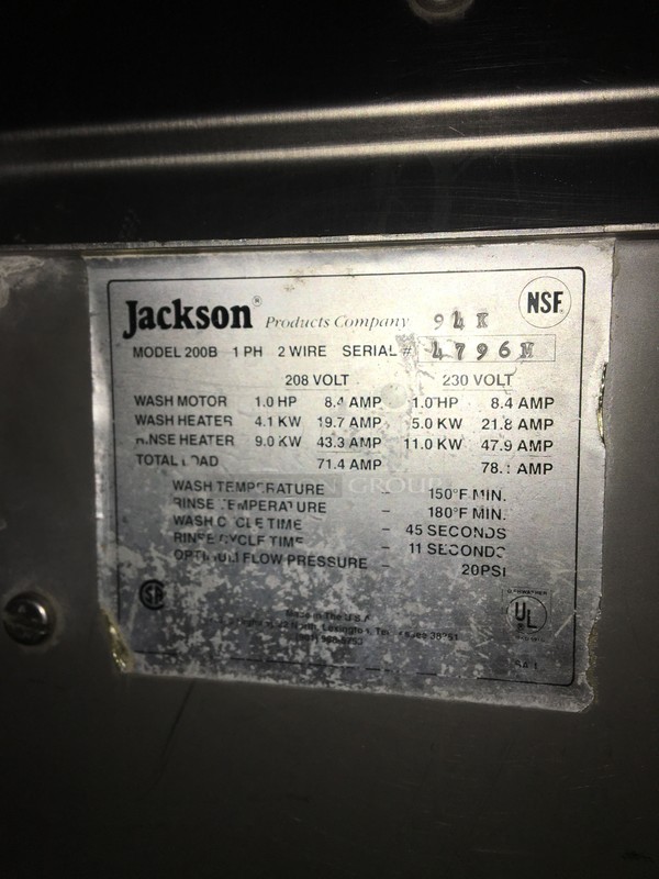 Jackson Commercial Pass Through Dishwasher! All Stainless Steel! Model 200B Serial 4796M! 208V 1Phase! On Legs! - Image 9 of 10