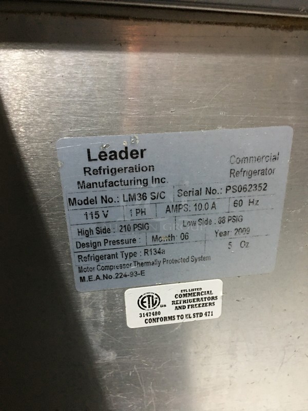 Leader Commercial Refrigerated Sandwich Prep Table! With 2 Door Underneath Storage Space! With Commercial Cutting Board! All Stainless Steel! Model LM36 Serial PS062352! 115V 1Phase! On Commercial Casters! - Image 9 of 10