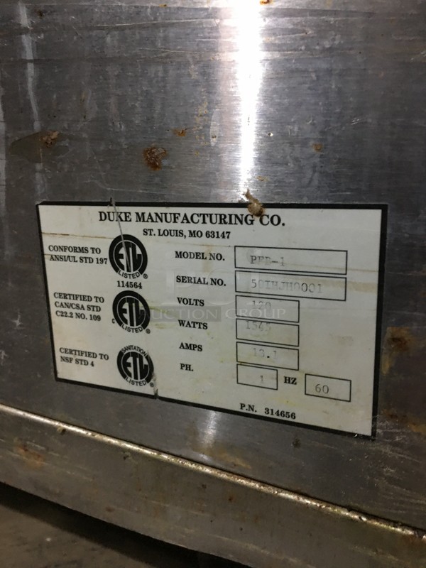 Duke Commercial Convection Oven! With Proofer Underneath! With View Through Doors! All Stainless Steel! Model PFB1 Serial  50IHJH0001! 120V 1Phase! On Commercial Casters! 2 X Your Bid! Makes One Unit! - Image 10 of 11