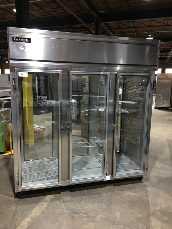 FABULOUS! Continental Commercial 3 Door Reach In/Pass Through Refrigerator Merchandiser! With Poly Coated Racks! All Stainless Steel! Model 3RGDPT Serial 14552378! 115/208/230V 1Phase! On Commercial Casters!