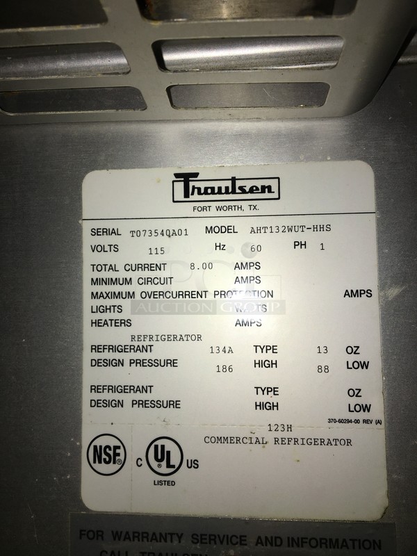 Traulsen Commercial Reach In Refrigerator! With 2 Half Doors! With Racks! All Stainless Steel! Model AHT132WUTHHS Serial T073540A01! 115V 1Phase! On Commercial Casters! - Image 9 of 11