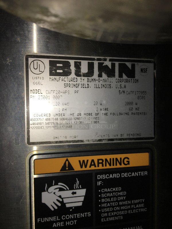 Bunn Commercial Countertop Coffee Brewing Machine! All Stainless Steel Body! With Hot Water Dispenser! Model CWTF20APS Serial CWTF177955! 120V 1Phase! - Image 7 of 8